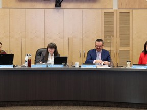 At the NGPS board meeting, (l-r) vice-chairperson Christine Peck, chairperson Barb Maddigan, Superintendent Kevin Bird and Deputy Superintendent Leslee Jodry discussed education results, including student mental health.