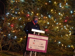 During the 31st Annual Christmas Wish Tree Wallaceburg Ceremony on Dec. 16, 2020 at Chatham Kent Health Alliance Foundation’s Wallaceburg site, emcee Greg Hetherington addressed people. He will emcee this year’s Wallaceburg tree lighting ceremony again. Supplied
