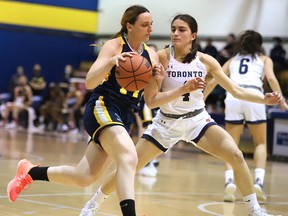 Helena Lamoureux of the Laurentian Voyaguers makes her way to the net during OUA women's basketball action, against the Toronto Varsity Blues on Saturday afternoon. Laurentian defeated Toronto 71-61.