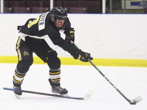 Austin Harper plays during a scrimmage at the Sarnia Sting's orientation camp at Progressive Auto Sales Arena in Sarnia, Ont., on Monday, Aug. 30, 2021. Mark Malone/Chatham Daily News/Postmedia Network