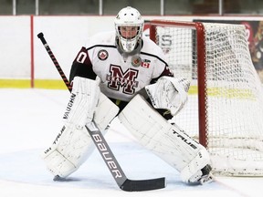 Chatham Maroons goalie Luka Dobrich plays against the Sarnia Legionnaires at Chatham Memorial Arena in Chatham, Ont., on Sunday, Oct. 10, 2021. Mark Malone/Chatham Daily News/Postmedia Network