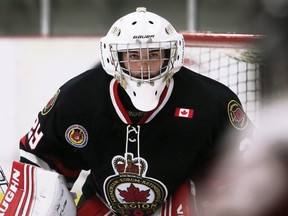 Sarnia Legionnaires goalie Nolan DeKoning plays against the Chatham Maroons at Chatham Memorial Arena in Chatham, Ont., on Sunday, Oct. 10, 2021. Mark Malone/Chatham Daily News/Postmedia Network