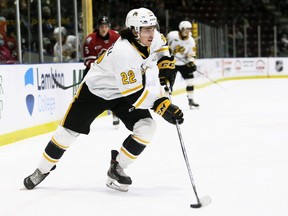 Sarnia Sting's Justin O'Donnell plays against the Guelph Storm at Progressive Auto Sales Arena in Sarnia, Ont., on Friday, Oct. 22, 2021. Mark Malone/Chatham Daily News/Postmedia Network