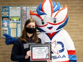 CKSS student Kaylee De Haan is the winner of the OFSAA mascot contest for designing Captain Ace, who was unveiled at Chatham-Kent Secondary School in Chatham, Ont., on Friday, Nov. 12, 2021. Mark Malone/Chatham Daily News/Postmedia Network