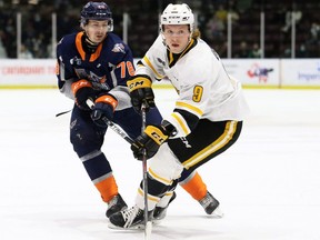Sarnia Sting's Nolan Dann (9) is checked by Flint Firebirds' Brennan Othmann (78) in the first period at Progressive Auto Sales Arena in Sarnia, Ont., on Friday, Nov. 26, 2021. (Mark Malone/Chatham Daily News)