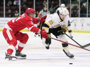 Sarnia Sting's Justin O'Donnell, right, tries to get past Soo Greyhounds' Ryan O'Rourke in the first period at Progressive Auto Sales Arena in Sarnia, Ont., on Sunday, Nov. 28, 2021. Mark Malone/Chatham Daily News/Postmedia Network