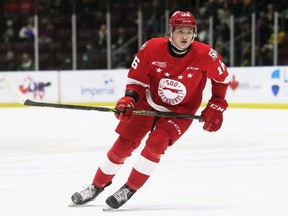 Soo Greyhounds' Landen Hookey plays against the Sarnia Sting at Progressive Auto Sales Arena in Sarnia, Ont., on Sunday, Nov. 28, 2021. Mark Malone/Chatham Daily News/Postmedia Network