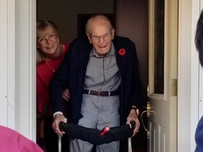 Second World War veteran Charlie Fisher received students and others at his doorstep who wished him a happy 107th birthday Friday, Nov. 5, 2021 in Owen Sound, Ont. (Scott Dunn/The Sun Times/Postmedia Network)