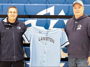 Lambton College manager of athletics and student life James Grant, left, introduces Greg Shortt as the Lions women’s softball head coach in Sarnia, Ont. The team will begin playing in the 2022-23 season in the Ontario Colleges Athletic Association. (Photo courtesy of Lambton College)
