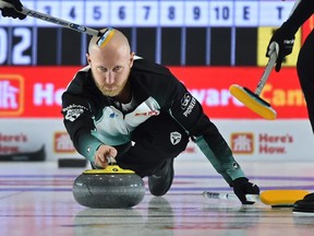 Skip Brad Jacobs throw his rock during 2019 Home Hardware Canada Cup at the Leduc Recreation Centre in November of 2019. Currently, the Jacobs rink is 1-1 at the Boost National event in Chestermere, Alta. Team Jacobs will face the Glenn Howard rink on Thursday morning at 10 a.m.