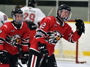Evan Dowd (12) of the Mitchell Hawks heads to the bench to celebrate a goal during recent PJHL regular season action at the Mitchell & District Arena, while linemate Carter Lewis (7) gives chase. ANDY BADER/MITCHELL ADVOCATE