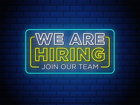 We ara hiring join our team neon signs style text design in blue background.