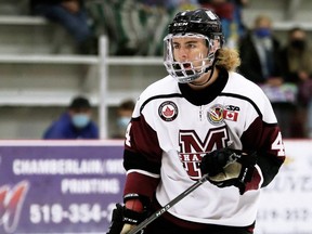 Chatham Maroons' Colin Whaley (4) plays against the St. Marys Lincolns at Chatham Memorial Arena in Chatham, Ont., on Sunday, Sept. 26, 2021. Mark Malone/Chatham Daily News/Postmedia Network