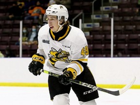 Sarnia Sting's Nolan DeGurse plays against the Peterborough Petes in the first period of an OHL pre-season game at Progressive Auto Sales Arena in Sarnia, Ont., on Friday, Oct. 1, 2021. Mark Malone/Chatham Daily News/Postmedia Network