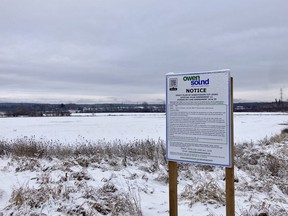 Owen Sound has posted a sign at Flato Development's 74-acre property on 8th Street East that notifies people the company has submitted complete planning applications to develop an 829-unit residential subdivision on the site. DENIS LANGLOIS