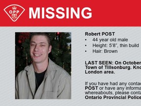 Robert Post was last seen in Tillsonburg six weeks ago. Police are searching for him.