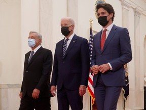 Prime Minister Justin Trudeau, U.S. President Joe Biden, and Mexico's President Andres Manuel Lopez Obrador meet for the North American Leaders' Summit (NALS) at the White House in Washington, Nov. 18, 2021.