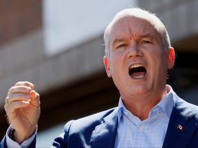 Canada's opposition Conservative Party leader Erin O'Toole speaks during campaign stop at a constituency office in Markham, Ont., Sept. 19, 2021.