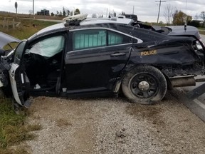 The South Bruce OPP cruiser that was heavily damaged in a two-vehicle collision Nov. 18. PHOTO SUPPLIED BY OPP