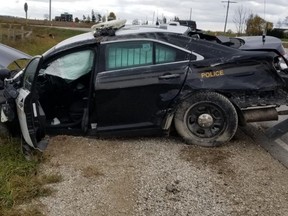 The South Bruce OPP cruiser that was heavily damaged in a two-vehicle collision Nov. 18. PHOTO SUPPLIED BY OPP