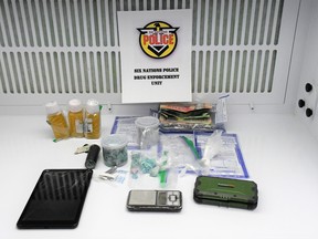 Some of the items seized by Six Nations Police on Jan. 6, 2021 during a drug seizure on Pine Crescent.
