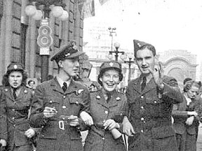 There was jubilation across Canada on VE Day, May 8, 1945. Canada and its Allies had won the war in Europe. The photo was taken May 8 on Sparks Street in Ottawa. From left are Pilot Officer (P/O) James E. (Jim) Hanna, RCAF Flight Engineer, Private Ruth Avison, Canadian Women’s Army Corps (CWAC), Leading Aircraftsman (LAC) William J. (Bill) Milks (AKA "The Colonel"), RCAF Air Gunner Trainee. Handout