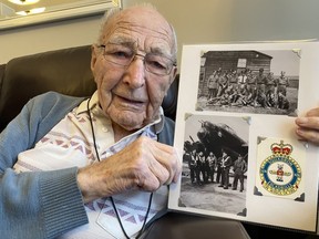 Ed Moore, who celebrates his 101st birthday next week, with his Canadian bomber crew. He was awarded the DFC medal for his Second World War gallantry in bombing Nazi Germany. Photo by Shannon Donogh