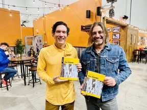 Co-authors Sean Isaac and Tim Banfield at the launch of their book 'How to Ice Climb' after an ice climbing presentation and book signing, at the Canmore Brewing Company on Sunday, Nov 21. 2021. Photo Marie Conboy/ Postmedia.