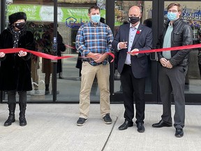 Fokus Coworking opened Thursday in the Downtown District. Joining in the official ribbon cutting were, from the left: Jill Raycroft, Luisa Sorrentino, Councillor Carol Feeney, Curtis Vreugdenhil, Mayor Mitch Panciuk, Mark Vreugdenhill, Alexandra Bell, and Councillor Garnet Thompson. PHOTO SUBMITTED