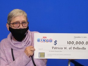 Patricia  Welsh of Belleville won $100,000 with INSTANT BINGO DOUBLER. Welsh said BINGO is her favourite game to play. "This was my first big win. I just randomly picked this ticket from the store," she shared while at the OLG Prize Centre to collect her winnings. A retired cook, she found out about her big win while playing her ticket at home. "I missed one number at the beginning, so when I took a second look, I noticed I had an entire box. I didn't know what to think – I sat there stunned for a minute just staring at the ticket!" Patricia plans to buy her husband a new van and share the rest with her children." She purchased the winning ticket at Shop N Joy on College Street in Belleville.