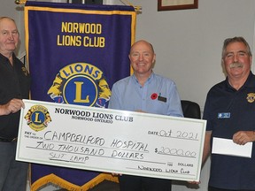 The Norwood Lions Club was recently able to hold their first meeting as a club in over a year and half and they sure made sure it was worth the wait, by making a $2000 donation to Campbellford Memorial Hospital. The money will help fund a new microscope used to diagnose eye injuries. Pictured, from the left, are: Special Projects Chair Lion Scott Stewart, CMH Executive Director John Russell and Lions President Lion Don Bryans. SUBMITTED PHOTO