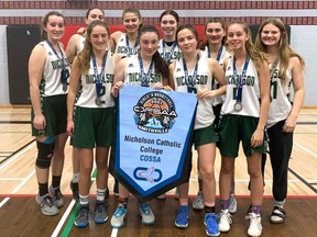 Belleville's Nicholson Catholic College Crusaders have won the silver medal at the provincial championship in Smithville. Front row, left to right: Anna Walsh, Grace LaCroix, Madison Lees, Chloe Knapp. Back: Brynne Barrett, Courtney Lambert, Kira Fair, Charlotte Farrell, Sarah Paul, Evelyn Shakell.