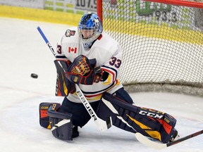 Wellington Dukes netminder Matt Dunsmoor had a busy weekend, making three starts in four days. Dunsmoor was outstanding in a 23-save, 1-0 win over the South Division leading North York Rangers at Lehigh Arena Friday night. Shawn Muir / OJHL Images