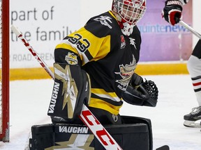 Trenton Golden Hawks goalie Ethan Taylor made 22 saves to pick up a 3-2 win over the visiting Caledon Canadiens Sunday night in Trenton. Amy Deroche / OJHL Images