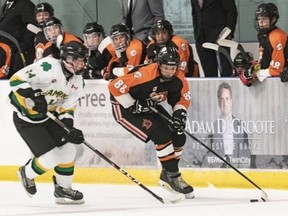 Atreyu Ellliott (88) of the Burford Bulldogs skates with the puck in recent Provincial Junior C Hockey League action.