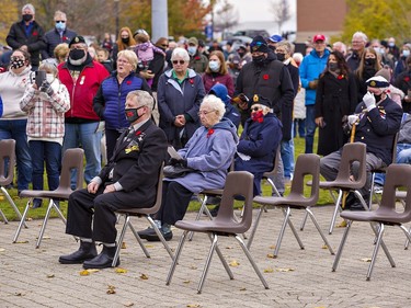 A noticeable difference at this year's Remembrance Day service in Brantford was the absence of elderly veterans who would normally occupy chairs in front of the Brant County War Memorial. Brian Thompson/Brantford Expositor/Postmedia Network