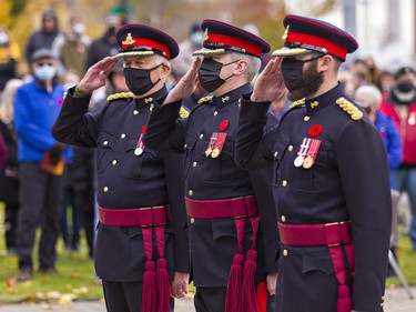 Officers from the 56th Field Regiment, Royal Canadian Artillery salute after laying wreaths during Remembrance Day ceremonies on Thursday November 11, 2021 in Brantford, Ontario. Brian Thompson/Brantford Expositor/Postmedia Network