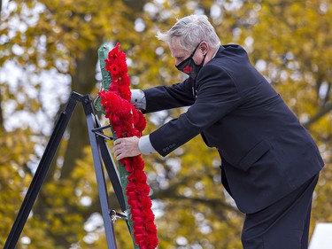 Memorial cross recipient Richard Leary of Brantford lays the official wreath during Remembrance Day ceremonies on Thursday November 11, 2021 in Brantford, Ontario. His son Capt. Richard (Steve) Leary was killed while servingin Afghanistan. Brian Thompson/Brantford Expositor/Postmedia Network