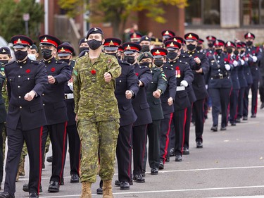 Members of the 56th Field Regiment, Royal Canadian Artillery march from the armouries to the Brant County War Memorial prior to the start of Remembrance Day ceremonies on Thursday November 11, 2021 in Brantford, Ontario. Brian Thompson/Brantford Expositor/Postmedia Network