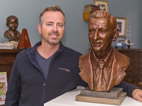 Artist Robert Dey of Paris, Ontario shows his bronze bust of Walter Gretzky that he completed on Monday November 22, 2021. Dey was commissioned by Glenhyrst Art Gallery of Brant to have his original sculpture made into a bronze bust that will be gifted to the City of Brantford.