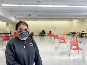 Jenny Vandermeer, manager of the Brockville COVID-19 vaccination clinic, stands in the clinic's new space at Unit 6 of the Brockville Shopping Centre on Monday afternoon. The clinic, located in the former site of The Score, opened on Tuesday. (RONALD ZAJAC/The Recorder and Times)