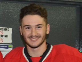 Jackson Hay just before Brockville's 2021 season-opener at which he was introduced as captain of the Jr. A Braves. Hay and teammates Liam Goreski and Marco Iozzo were traded to Carleton Place on Tuesday in exchange for Caleb Kean and Ryan Bonfield. Each team also gets future considerations as part of the transaction.
File photo/The Recorder and Times