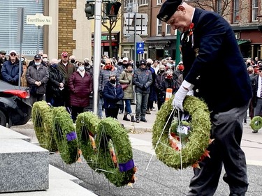 Royal Canadian Legion President Ralph McMullen lays a wreath at the cenotaph during Brockville's Remembrance Day ceremony. (RONALD ZAJAC/The Recorder and Times)