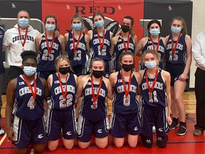 The St. Mary Crusaders won the Leeds Grenville 2021 senior girls basketball championship. The team included (front, from left) Ivana Oseghale, Paige Gilbert, Sydney Jardine (captain), Kaylee Moorhouse, Lily-May Berriman, (back row) coach Dave Edwards, coach Dave Kelly, Grace Kelly (captain), Daphne McMullen, Payton Malone, Chloe Lapointe, Gabby Fenn, Claire Young and coach Matt Reil. Submitted photo/The Recorder and Times