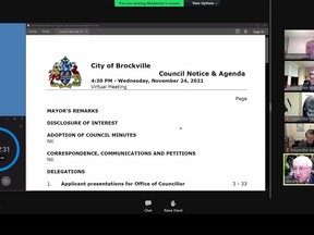 David Beatty, bottom right, one of 18 applicants for Brockville's two council seats, makes his pitch while his allotted time ticks away to the left at Wednesday's special virtual council meeting. (SCREENSHOT)