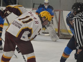 Athens forward Rhett Palmer takes a faceoff in the Valley end during the first period of the Aeros-Timberwolves game at Centre 76 on Saturday night. Palmer went on to score twice and be named third star; Valley won 6-5.
Tim Ruhnke/The Recorder and Times