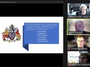Brockville council members prepare to vote on their newest colleagues as a six-person slate is shown during a special virtual meeting on Tuesday afternoon. (SCREENSHOT)