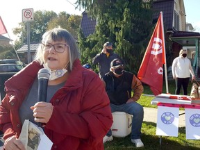 Shirley Roebuck, chair of the Chatham-Kent Health Coalition, speaks during a Nov. 6 rally highlighting the need to address long-term care issues. The event was held outside Riverview Gardens in Chatham. Trevor Terfloth/Postmedia