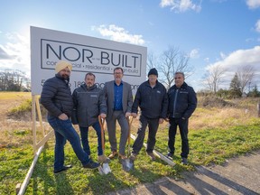From left are development partner Harb Kaler, builder Norbert Bolder, Mayor Darrin Canniff, Counc. John Wright and developer Paul Khangura.