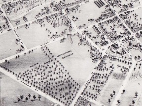 The Stoner map, 1875. Old St. Paul's Cemetery is at bottom centre. At lower left is Victoria Park. Gaol Street is now Stanley Avenue. McGregor Street became the right of way for the Erie & Huron (C&O) Railway. Rhodes image